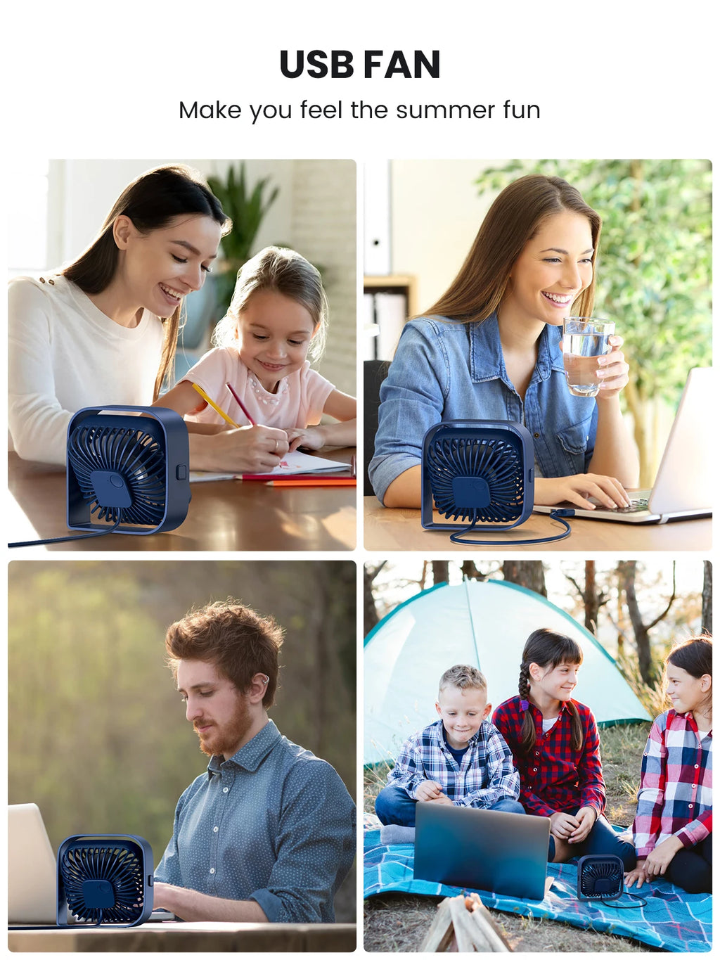 Mini USB Desk Fan with 3 Speeds and 360° Rotation