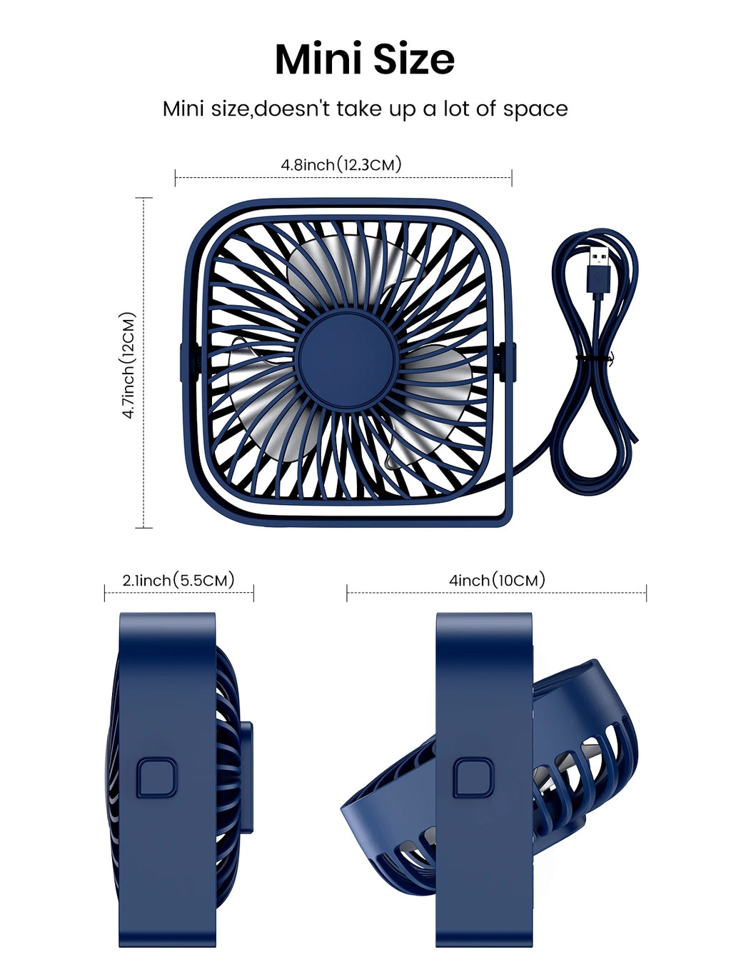 Mini USB Desk Fan with 3 Speeds and 360° Rotation